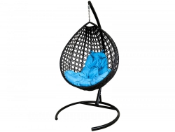 Подвесное кресло Кокон Капля Люкс ротанг каркас чёрный-подушка голубая