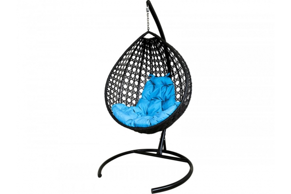 Подвесное кресло Кокон Капля Люкс ротанг каркас чёрный-подушка голубая
