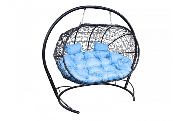 Подвесной диван Кокон Лежебока каркас чёрный-подушка голубая