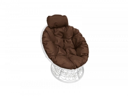 Кресло Папасан мини с ротангом каркас белый-подушка коричневая