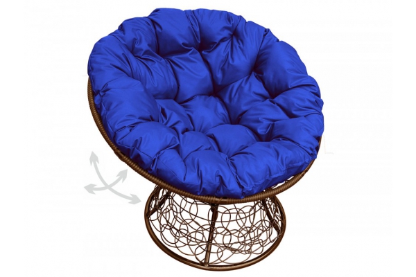 Кресло Папасан пружинка с ротангом каркас коричневый-подушка синяя