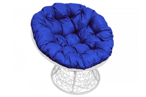 Кресло Папасан с ротангом каркас белый-подушка синяя