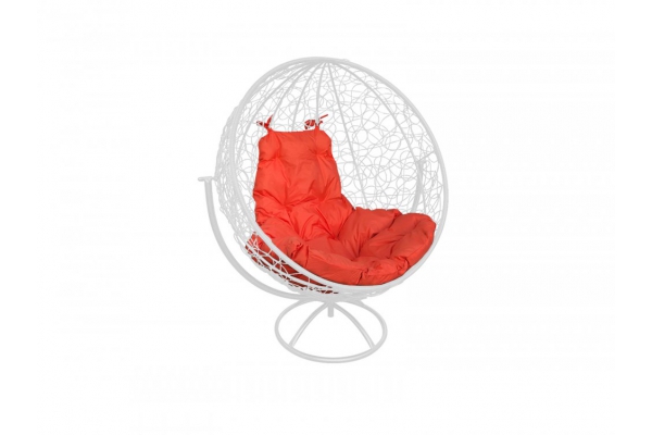 Кресло Кокон Круглый вращающийся ротанг каркас белый-подушка оранжевая